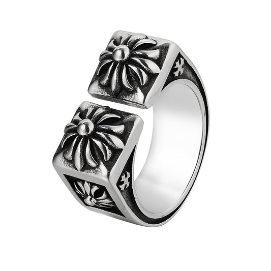 Double Square with Cross Flower Open Titanium Steel Ring for Men