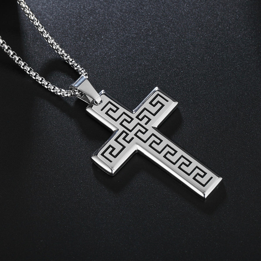 Great Wall Pattern Latin Cross Titanium Steel Necklace for Men