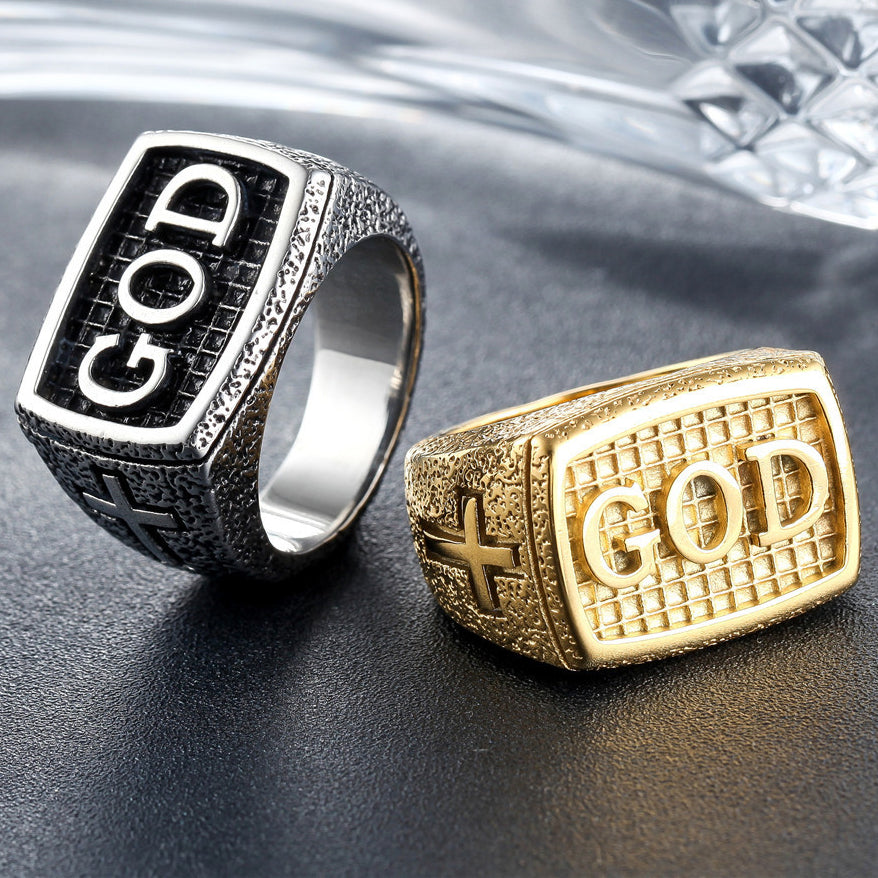 Latin Cross GOD Rectangle Titanium Steel Ring for Men