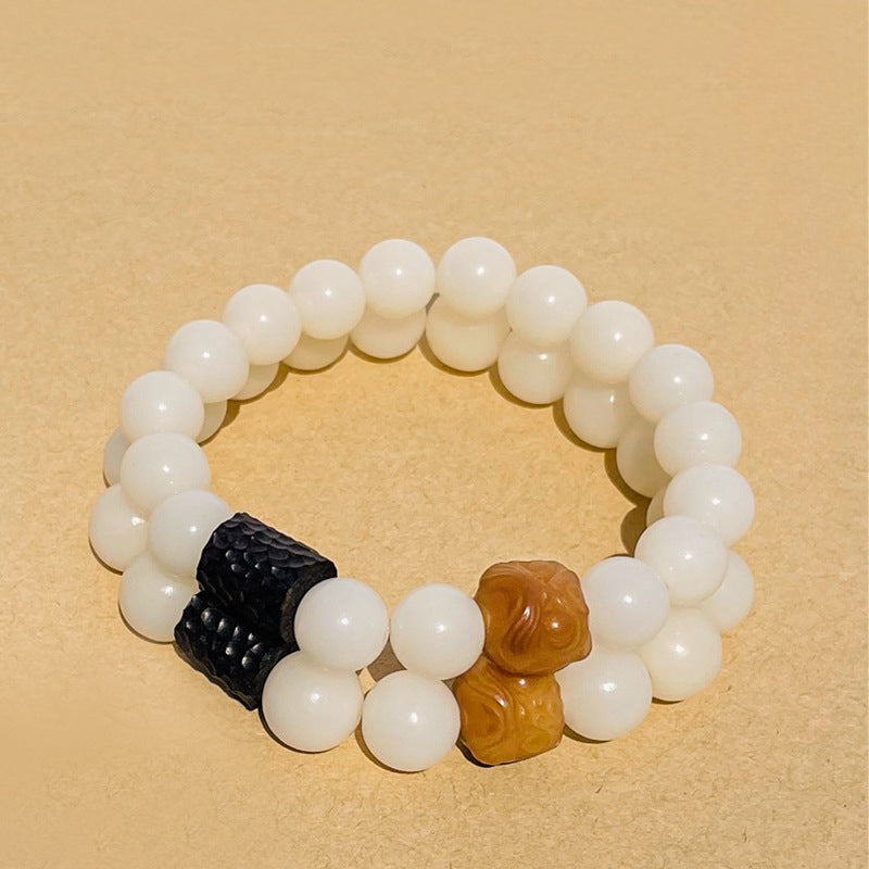 White Bodhi Jade and Sterling Silver Lion Bracelet