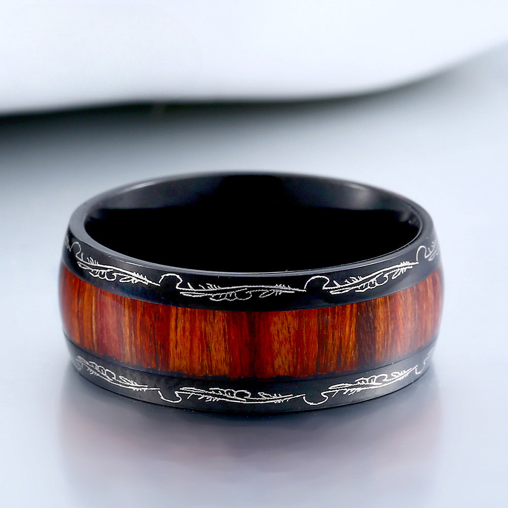 Vintage-Inspired Titanium Steel and Wood Feather Ring for Men and Women - Personalized Carved Design