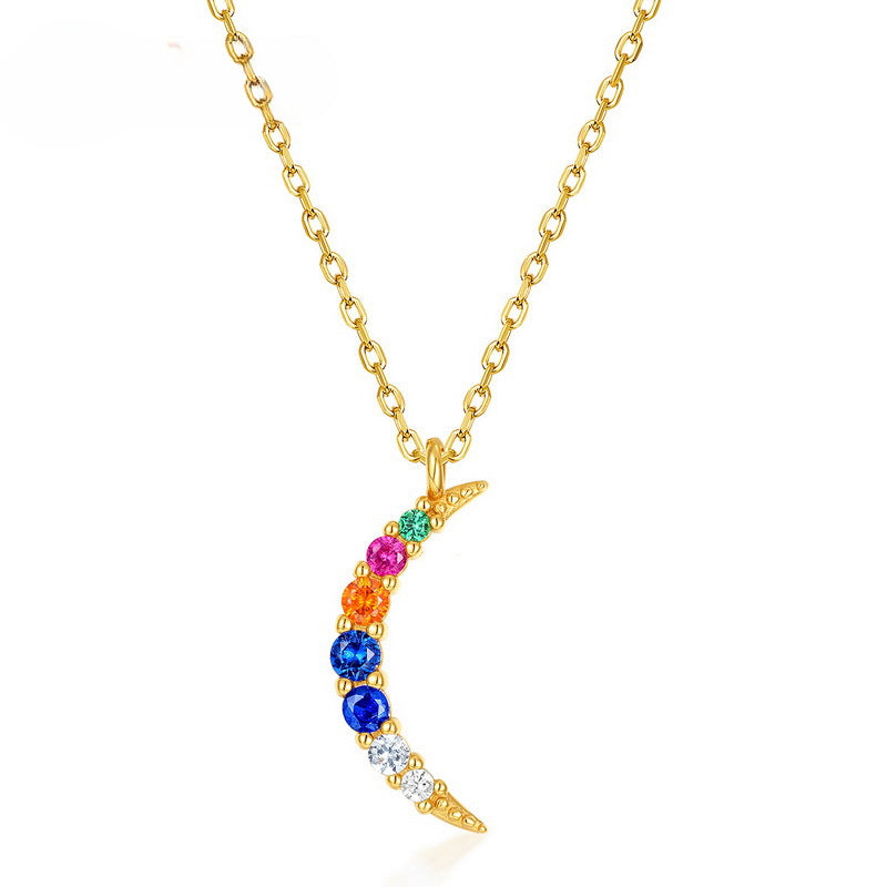 Crescent Moon Pendant Colourful Round Zircon Silver Necklace