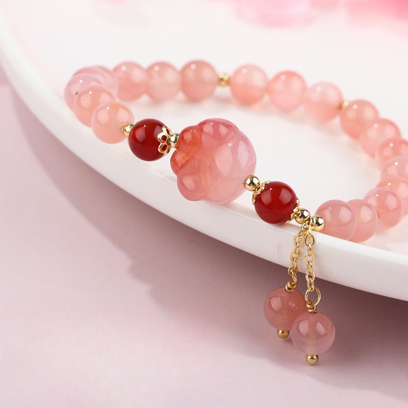 Chinese Style Red Agate Beaded Kitten Claw Bracelet - Sterling Silver and Crystal Bracelet for Girls