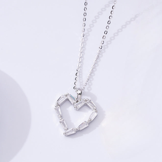 Hollow Zircon Heart Shape Pendant Silver Necklace