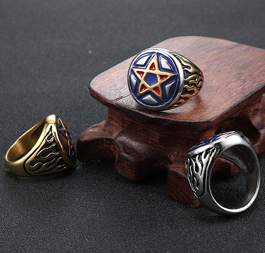 Stainless Steel Retro Star Epoxy Men's Personalized Ring in Titanium Steel