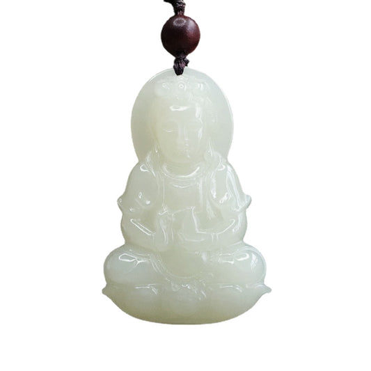 Guanyin White Jade Pendant Sterling Silver Necklace by Planderful