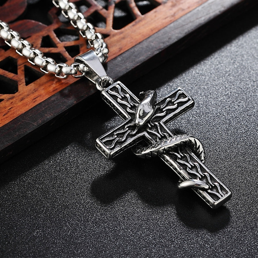 Snake Entwining Latin Cross Titanium Steel Pendant for Men