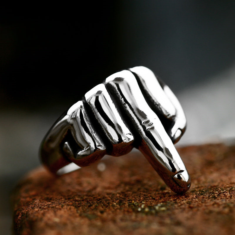 Punk Titanium Steel Vertical Middle Finger Ring for Men - Retro Stainless Steel Casting Wholesale