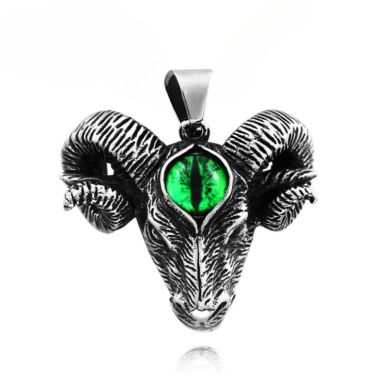 Vintage Titanium Steel Men's Pendant - Custom Sheep Head Design with Green Eye Inlay, Wholesale Jewelry