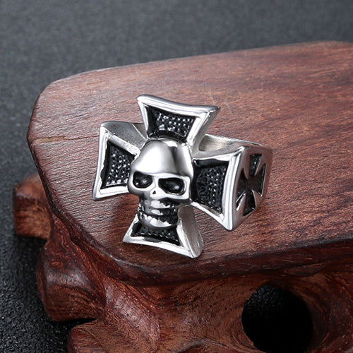 Titanium Steel Cross Skull Ring for Men - Retro European and American Religious Totem Jewelry