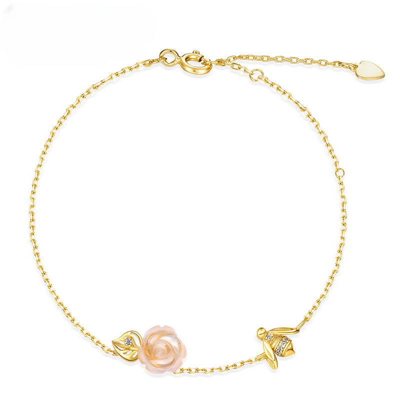 Pink Crystal Rose Bee and Leaf Zircon Sterling Silver Bracelet