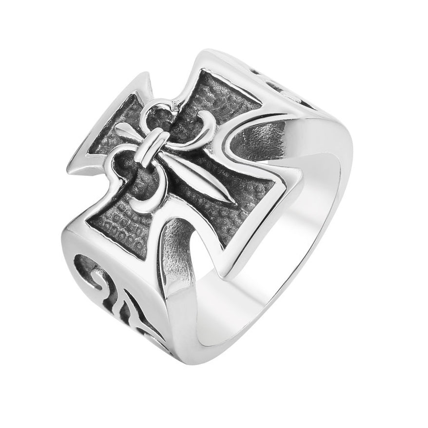 Cross with Flower Titanium Steel Ring for Men