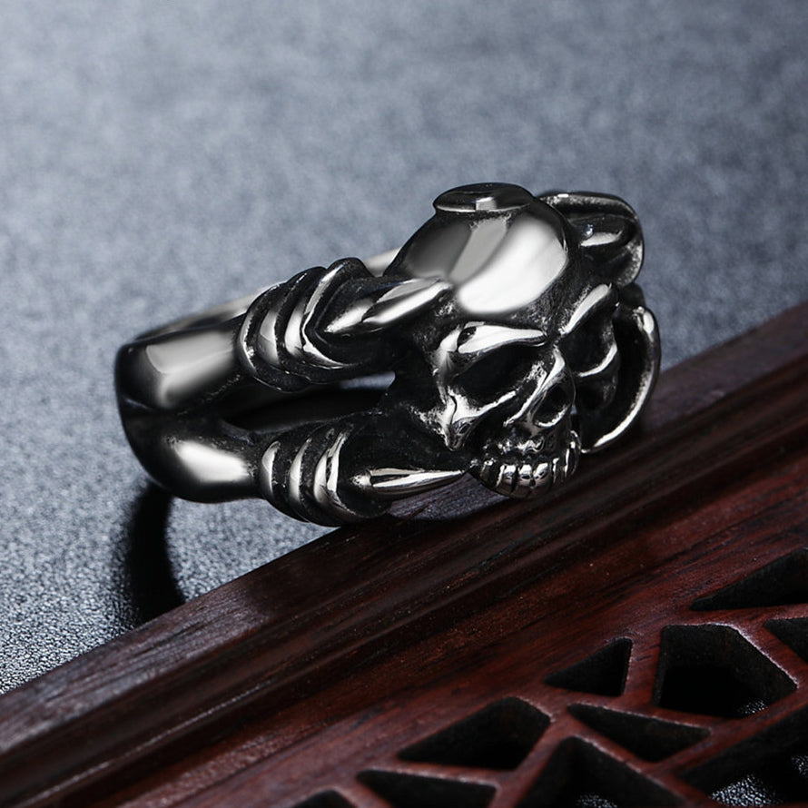 Halloween Skeleton Head Split Shank Titanium Steel Ring for Men