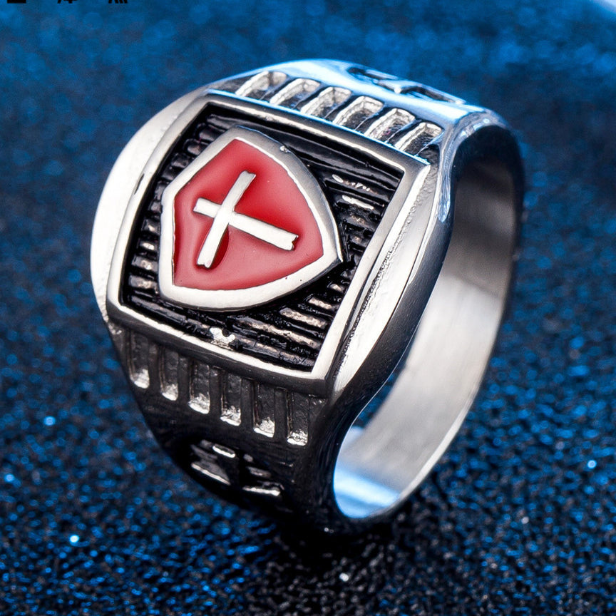 Red Knights Shield Latin Cross Titanium Steel Ring for Men