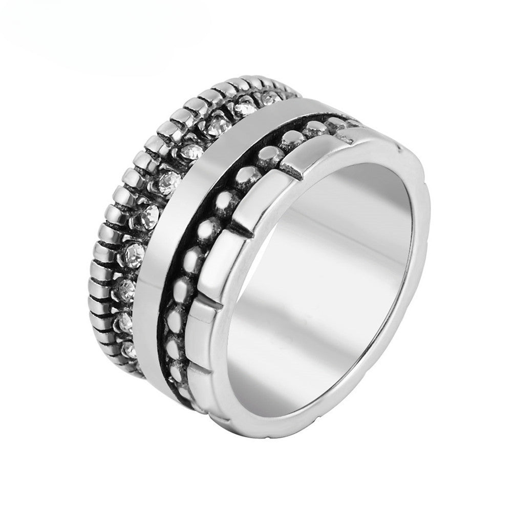 European and American Retro Titanium Steel Ring with Zircon