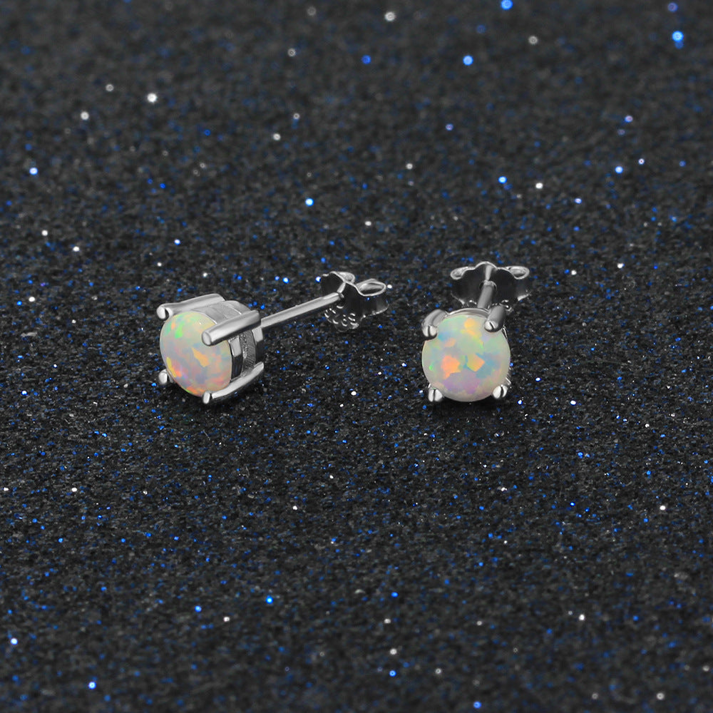 Solitaire 5mm Round Opal Sterling Silver Stud Earrings