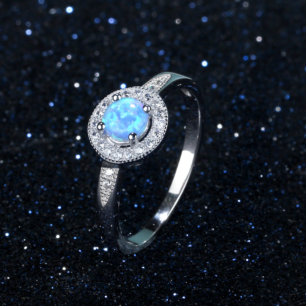 Round Blue Opal Soleste Halo Zircon Sterling Silver Ring