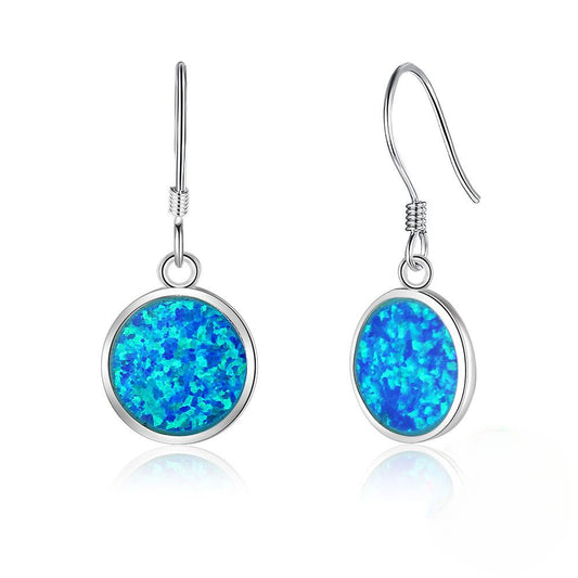 Blue Round Opal Pendant Sterling Silver Hook Earrings