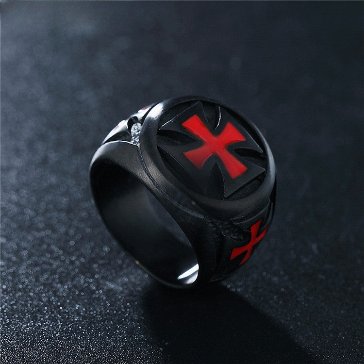 Red Cross Pattee Black Titanium Steel Ring