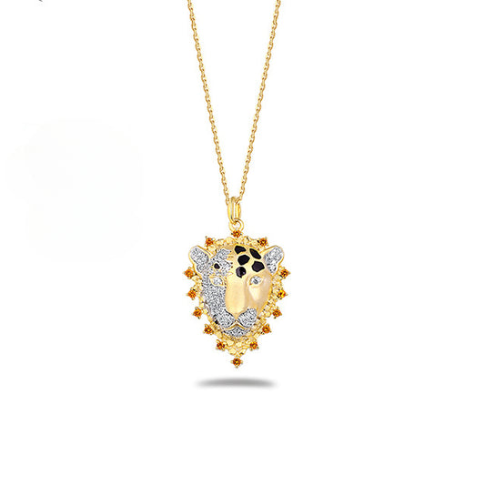 Leopard Head Pendant Zircon Silver Necklace