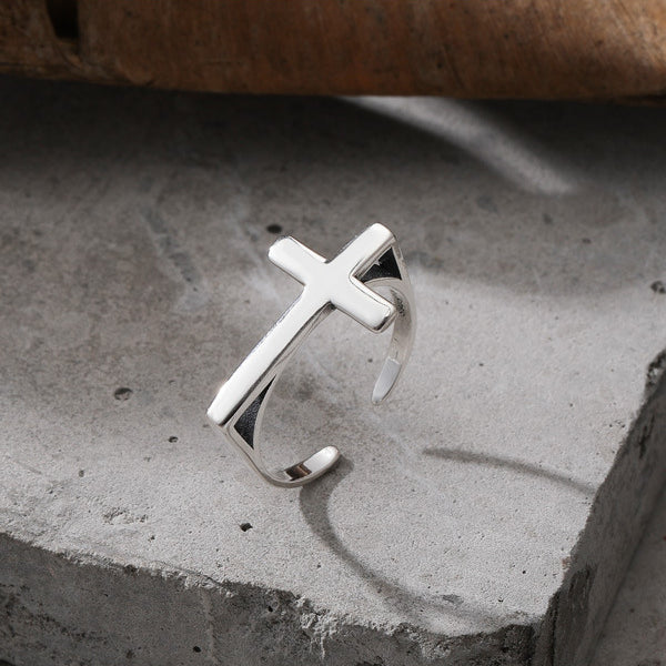 Retro Latin Cross Polished Opening Sterling Silver Ring