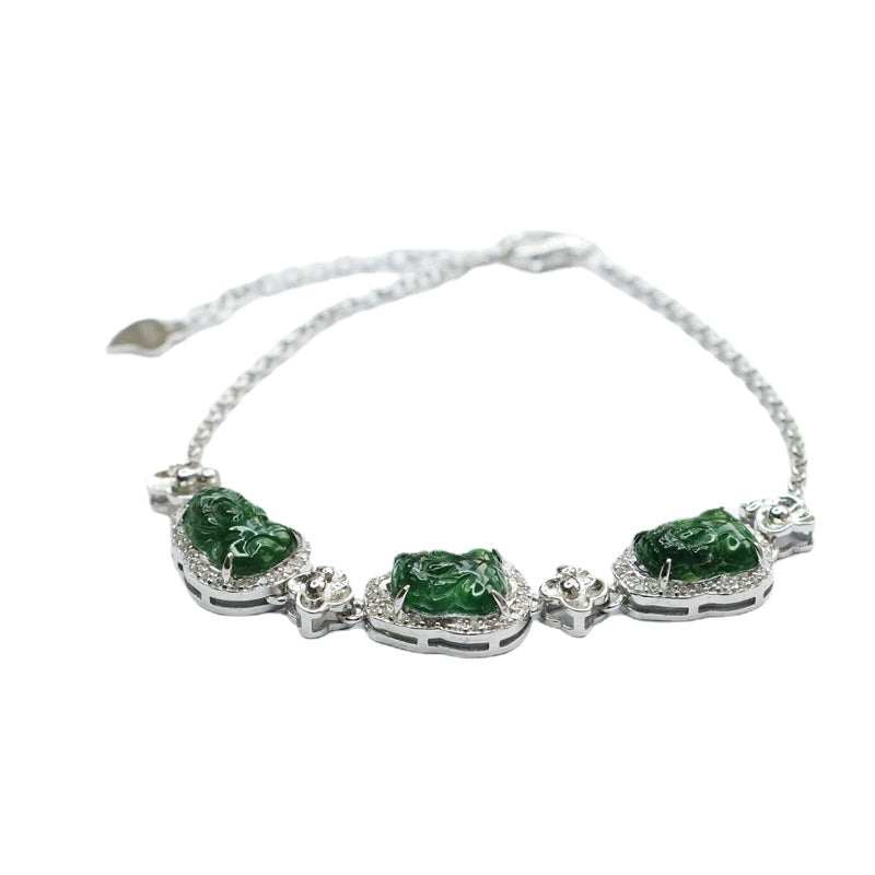 Imperial Green Pixiu Bracelet with Natural Ice Jade Inlay