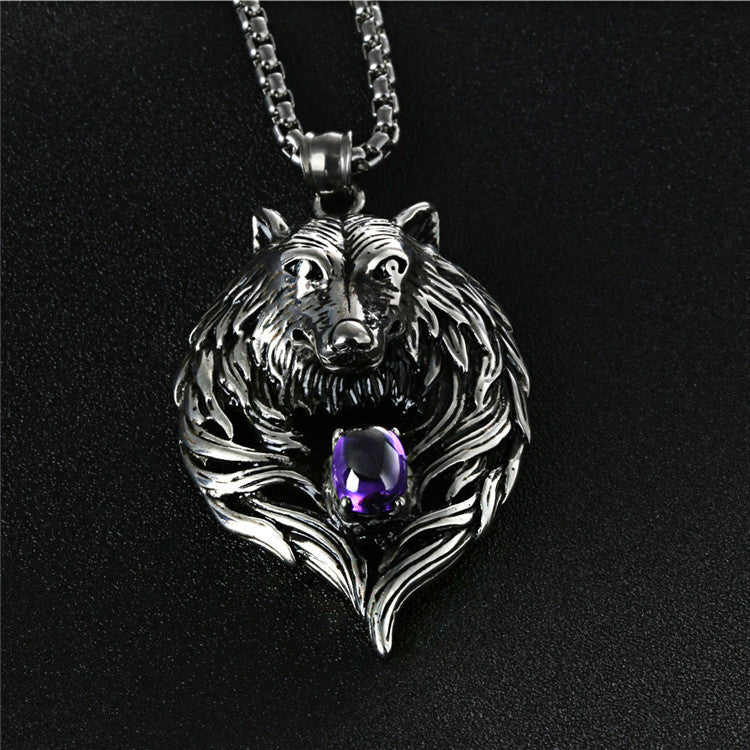 Titanium Steel Wolf Head Pendant Necklace with Zircon Accents for Men - Trendy Punk Retro Design