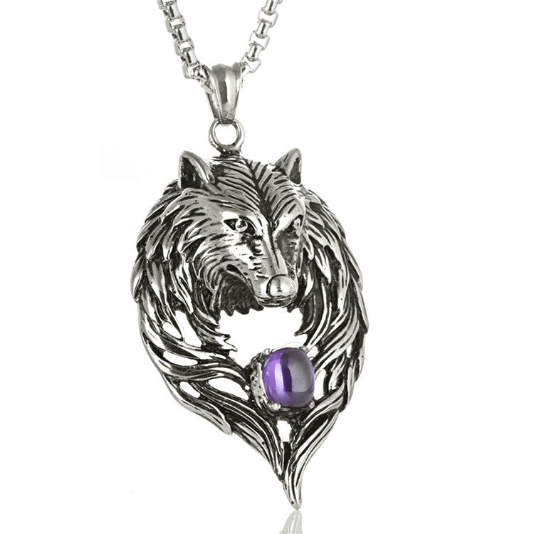 Titanium Steel Wolf Head Pendant Necklace with Zircon Accents for Men - Trendy Punk Retro Design