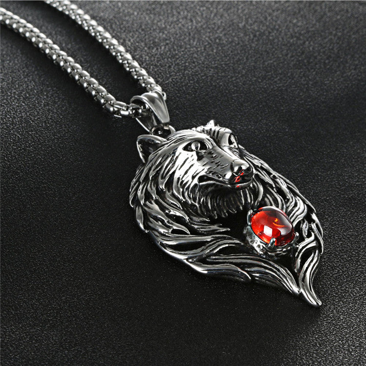 Titanium Steel Wolf Head Pendant Necklace with Zircon Accents for Men - Trendy Punk Retro Design