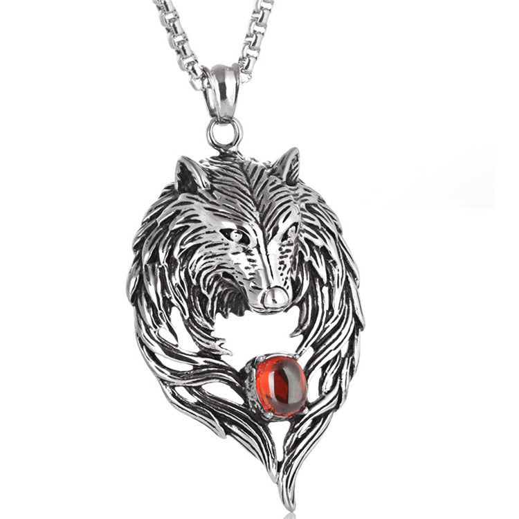 Titanium Steel Wolf Head Pendant Necklace with Zircon Accents for Men - Trendy Punk Retro Design