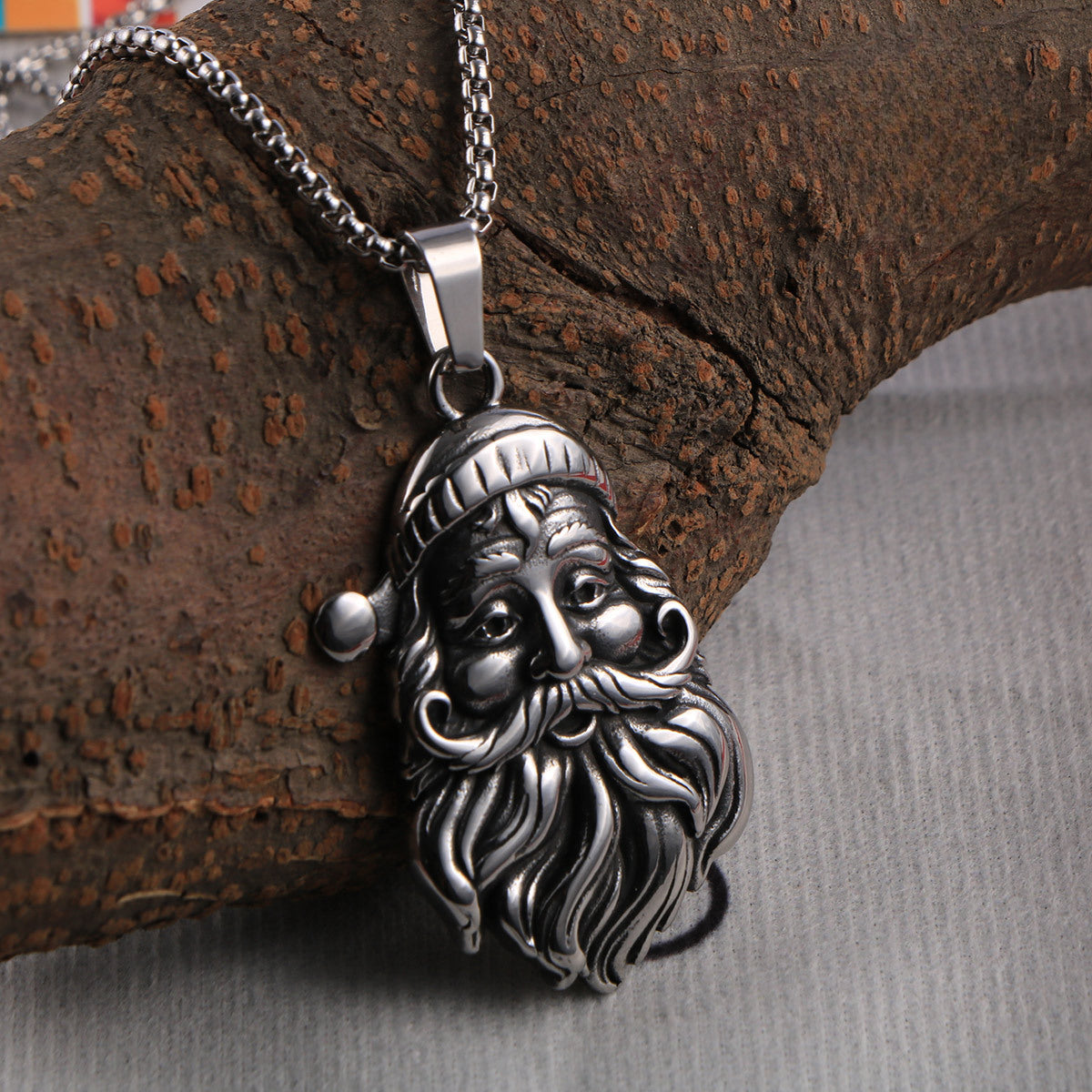 Retro Santa Pendant Necklace in Titanium Steel - Personalized Hipster Jewelry for Men