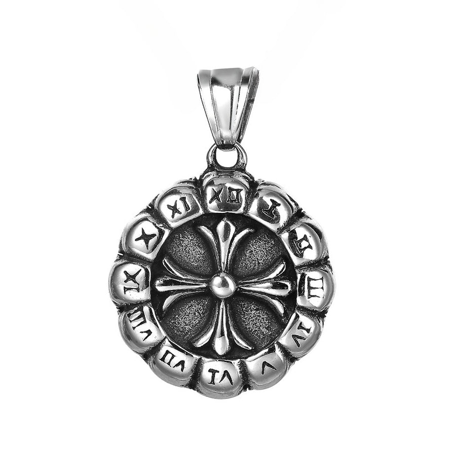 Cross Flower Roman Numeral Disc Titanium Steel Pendant for Men