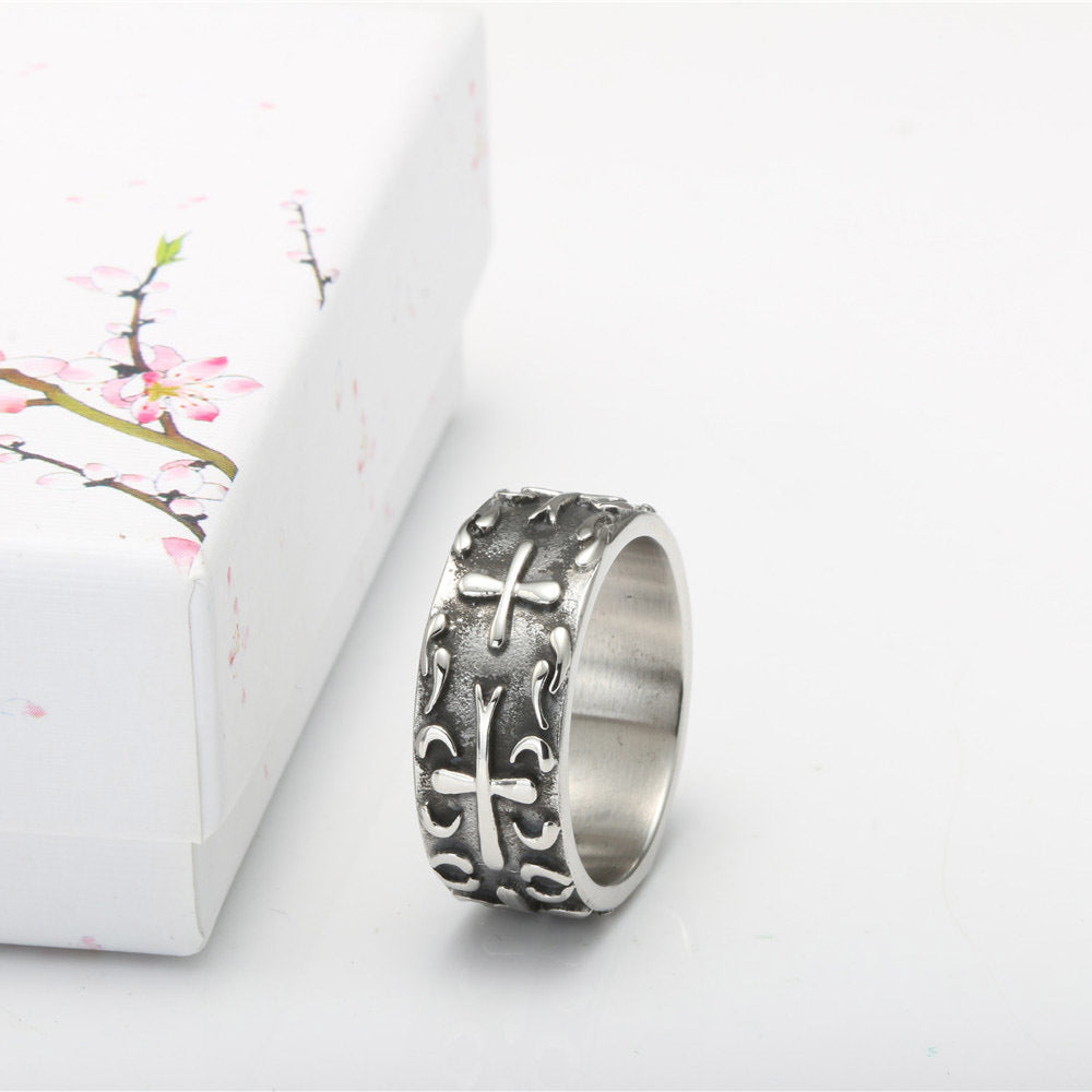 Titanium Steel Men's Cross Ring - Stylish Vintage-Inspired Design with Floral Elements