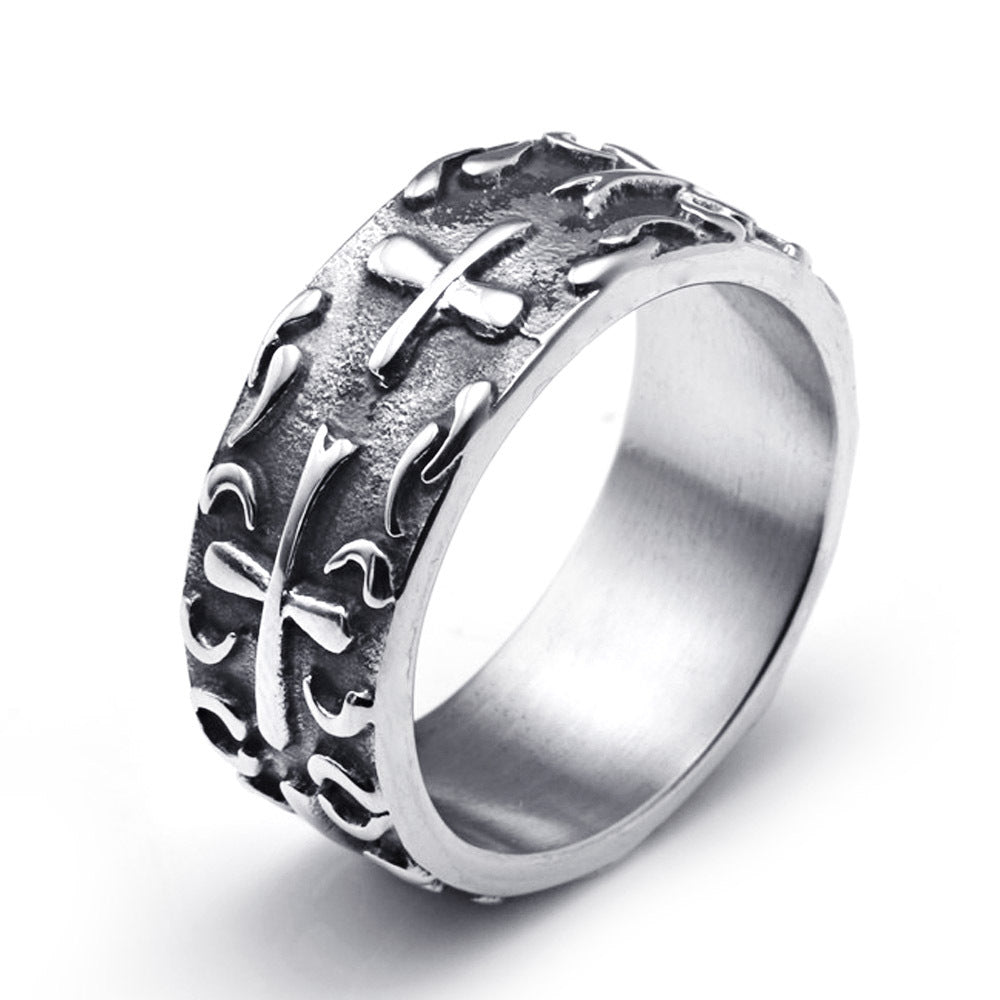 Titanium Steel Men's Cross Ring - Stylish Vintage-Inspired Design with Floral Elements