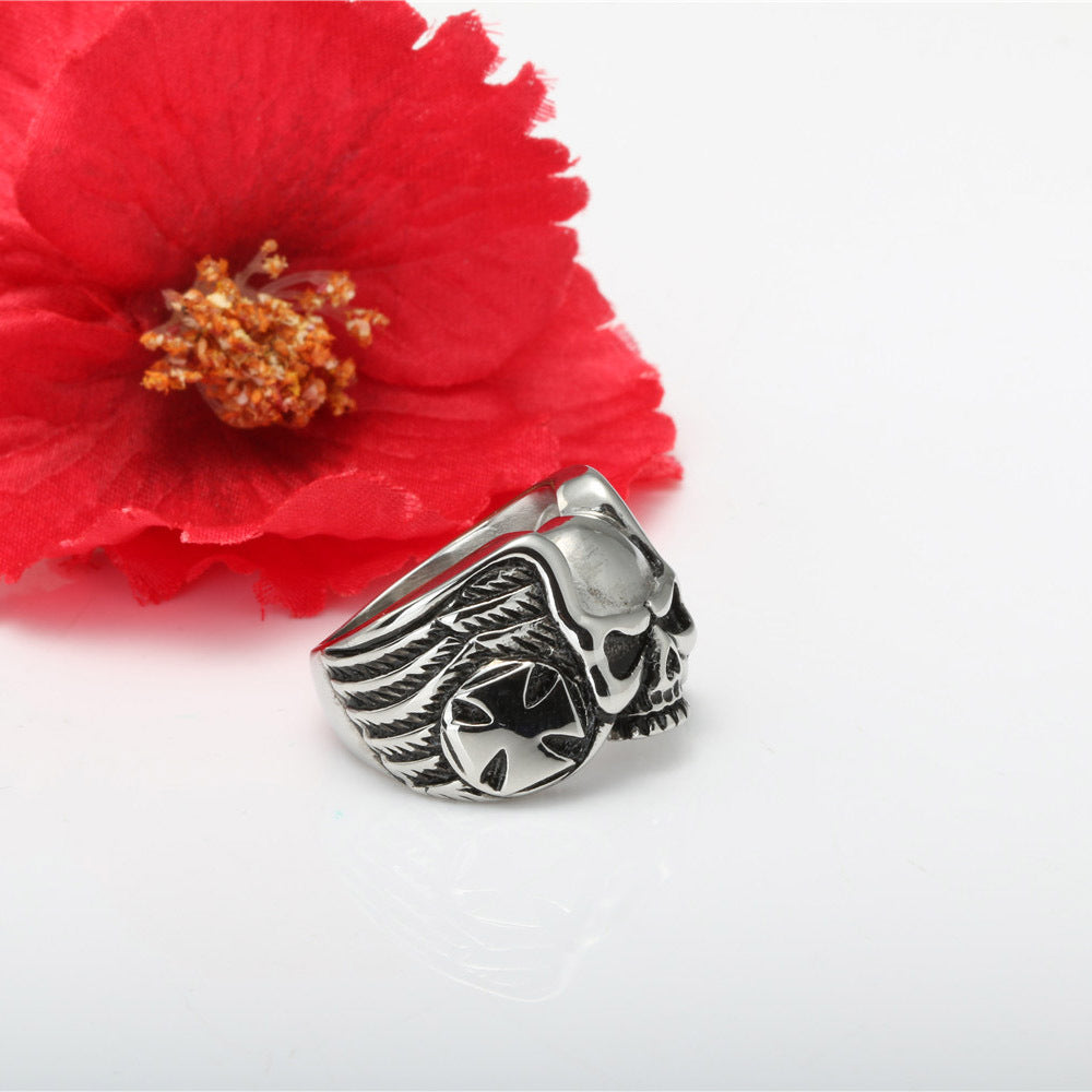 Vintage Punk Skull Ring in Titanium Steel - Edgy Cross Design for Men