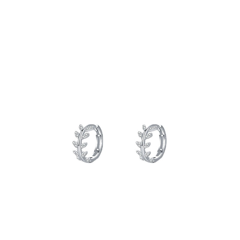 S925 Pure Silver Ear Buckle Earrings with Zircon Inlaid Tree Leaf Design