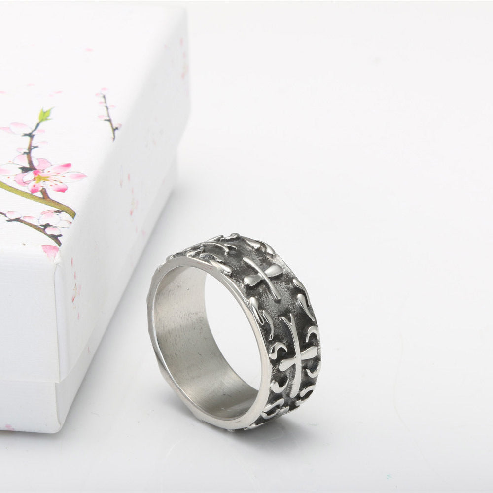 Titanium Steel Men's Cross Ring - Stylish Vintage-Inspired Design with Floral Elements