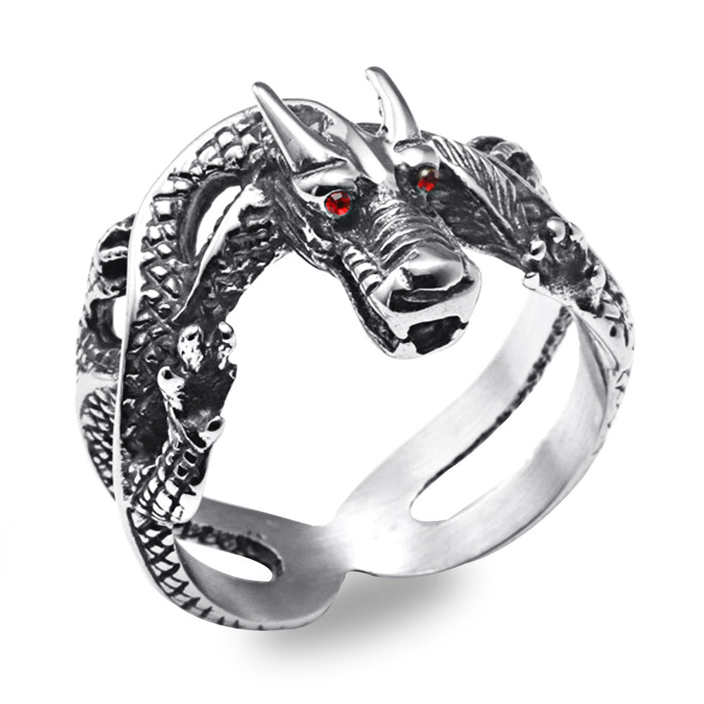 Titanium Steel Dragon Ring for Men with Red Zircon - Vintage Hipster Punk Style