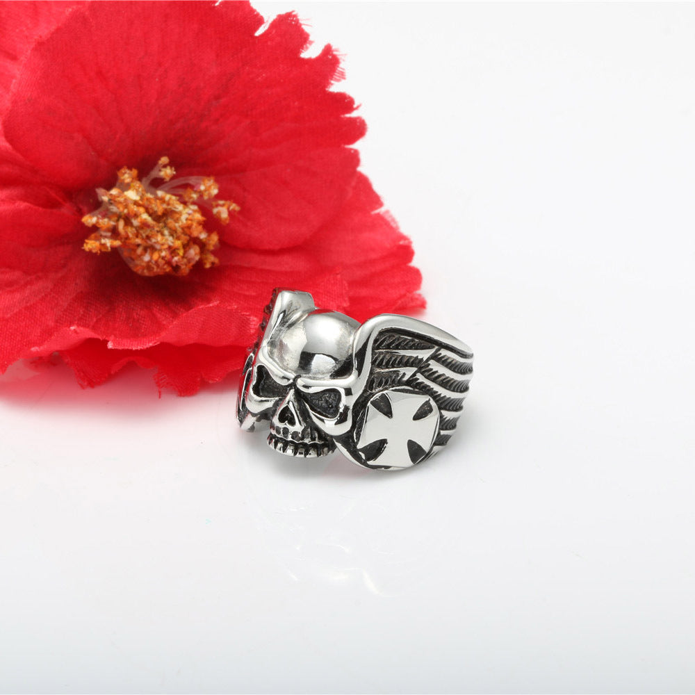 Vintage Punk Skull Ring in Titanium Steel - Edgy Cross Design for Men