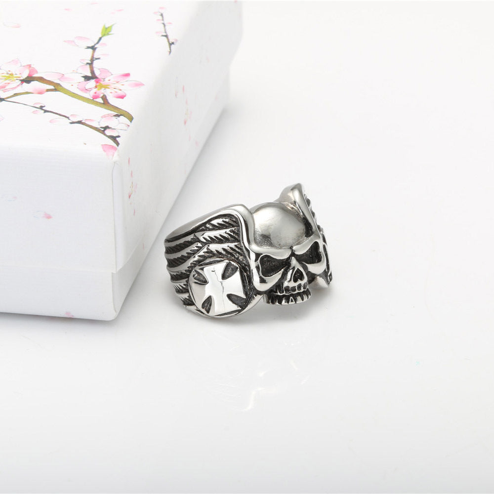 Vintage Punk Skull Ring in Titanium Steel - Edgy Cross Design for Men