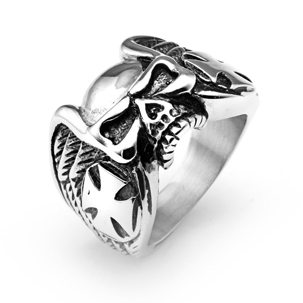 Vintage Punk Skull Ring in Titanium Steel - Edgy Cross Design for Men