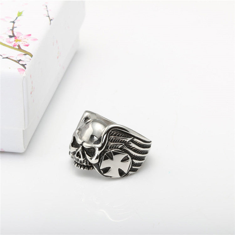 Vintage Punk Skull Ring in Titanium Steel - Edgy Cross Design for Men