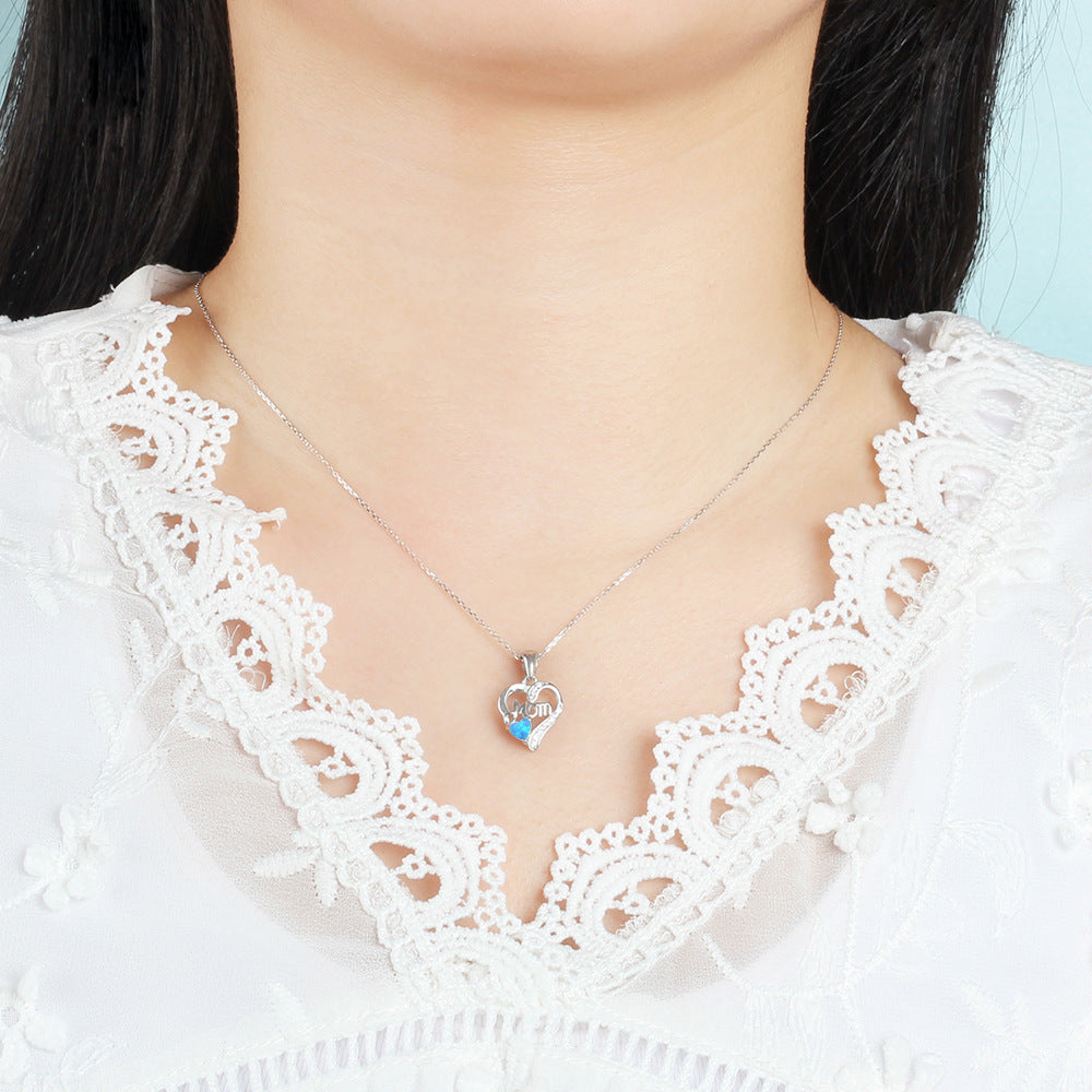 Heart Shap Opal Love Mom Zircon Sterling Silver Necklace