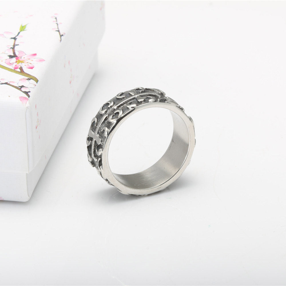 Titanium Steel Men's Cross Ring - Stylish Vintage-Inspired Design with Floral Elements