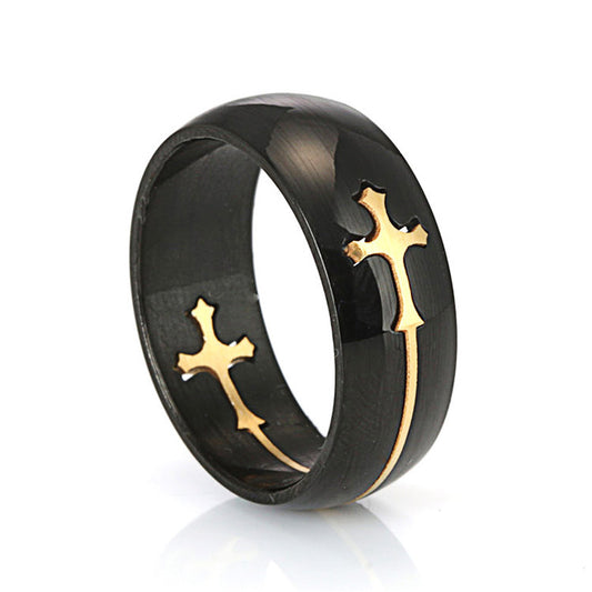 Punk Chic Black Gold Titanium Steel Men's Cross Ring - Versatile Removable Design