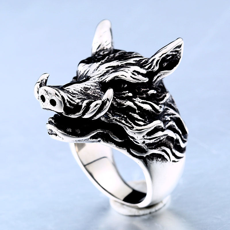 Titanium Steel Men's Ring - Bold Berserk Wild Boar Design, Customizable Stainless Steel Jewelry in Sizes 8-13