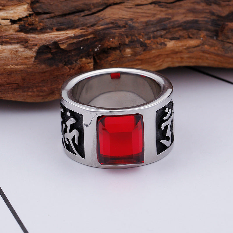 Dominant Men's Red Zircon Titanium Steel Ring with Six-Character Mantra, Direct Factory Sale