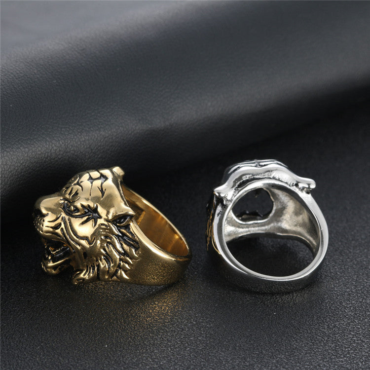 Titanium Steel Retro Tiger Head Ring for Men - Bold European and American Jewelry