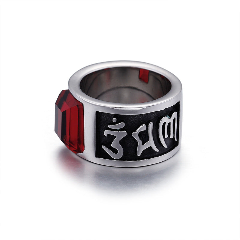 Dominant Men's Red Zircon Titanium Steel Ring with Six-Character Mantra, Direct Factory Sale