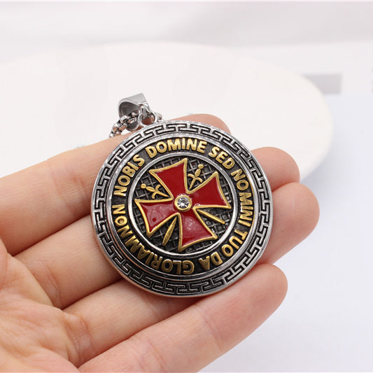 Red Teutonic Cross Round Shield Titanium Steel Pendant for Men